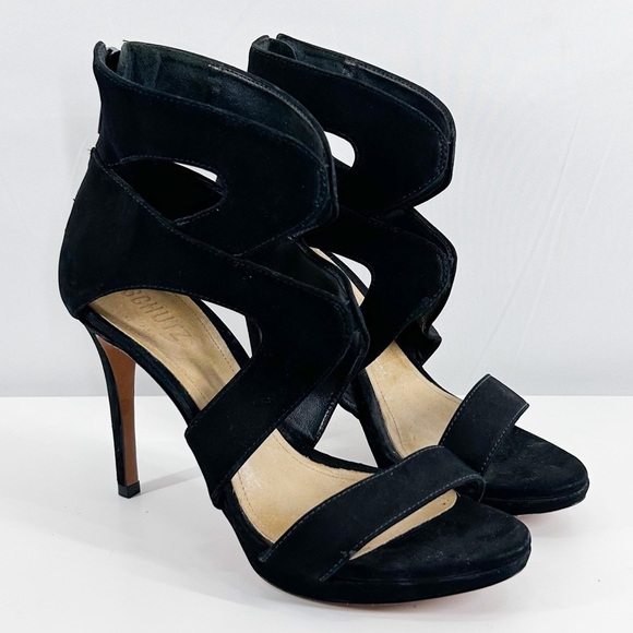 Schutz Black Suede Leather Caged Stiletto Heels Size 8.5 - Picture 1 of 9